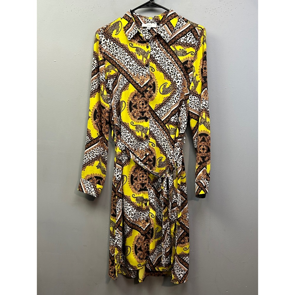 OVI Shirt Dress‎ Women Large Yellow Leopard Black Cheetah Scarf Print Baroque